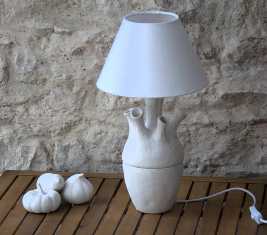 Lampe à poser sculpture coraux porcelaine et lin. Pièce unique.