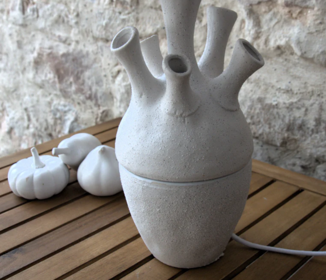 Lampe à poser sculpture coraux porcelaine et lin. Pièce unique.
