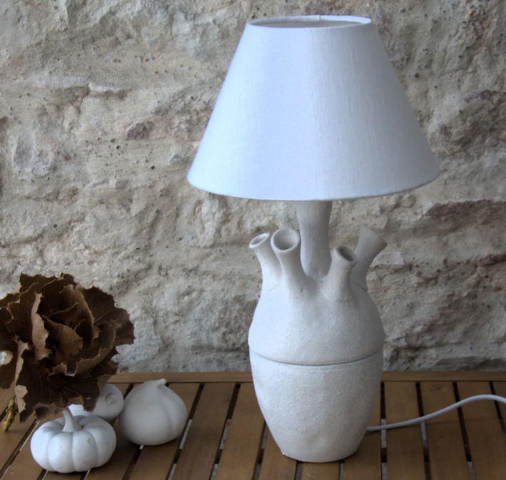 Lampe à poser sculpture coraux porcelaine et lin. Pièce unique.
