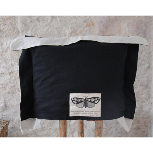 Grand Coussin Décoratif Lin Noir et Beige Vintage, Coussin Canapé Salon Chambre Rétro Farmhouse Design, Coussin Papillon Leçon de poésie