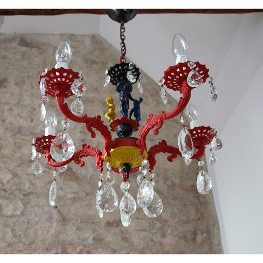 Suspension Mondrian et pampilles, Chandelier Antique Multicolore Bleu Rouge et Jaune, Vintage French Chandelier, Création luminaire Unique