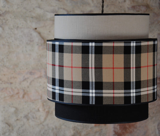 Abat- jour suspension triple "So british" , tartan et lin. Pièce unique.
