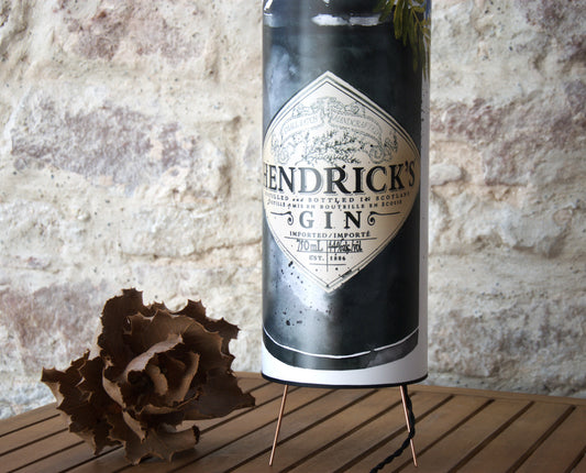 Lampe à poser cylindrique sur trépied cuivre , affiche d'art " HENDRICKS FLOWERS".