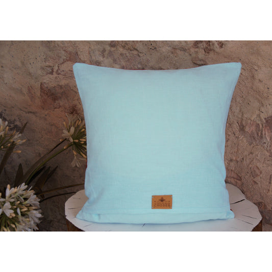 Coussin décoratif Jacquard français et lin lavé bleu ciel Santa Guadalupe.