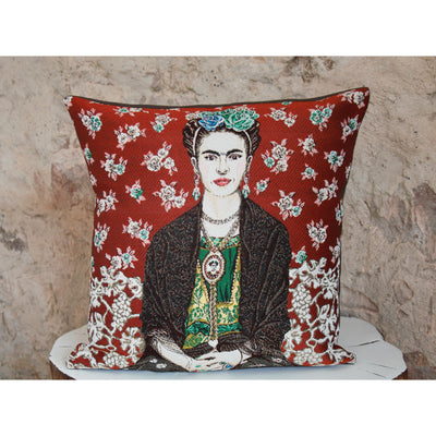 Coussin décoratif et stylé en jacquard français et lin lavé chocolat : Portrait de Frida Kalho, Coussin fait main