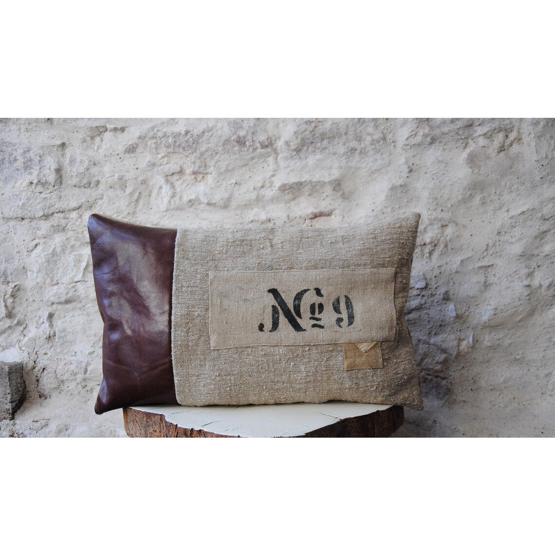 Coussin Décoratif Cuir et Chanvre Ancien, Housse de Coussin Taie d'oreiller Création Textiles Anciens, Coussin Canapé Lit Farmhouse Style