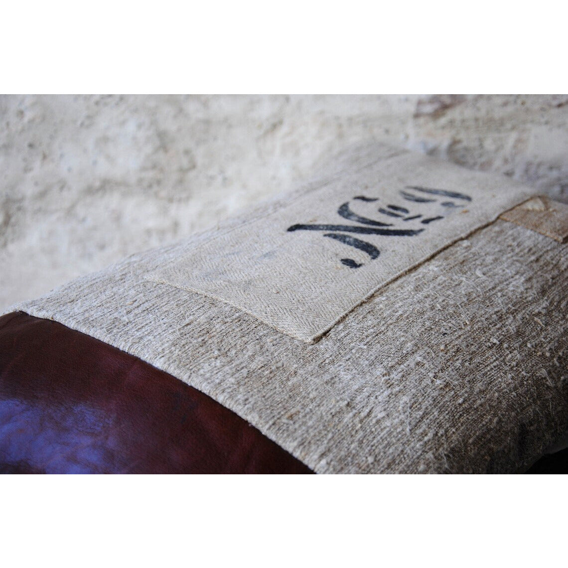 Coussin Décoratif Cuir et Chanvre Ancien, Housse de Coussin Taie d'oreiller Création Textiles Anciens, Coussin Canapé Lit Farmhouse Style