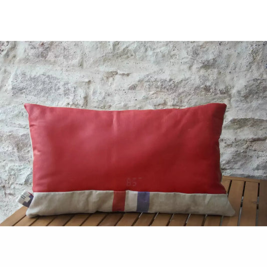 Coussin décoratif sac de la Poste néerlandaise et cuir, coussin industriel, coussin upcycling.