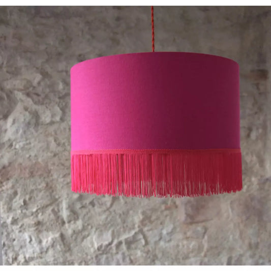 Suspension abat-jour "Boho style" double face : lin fushia et tissu fleuri.