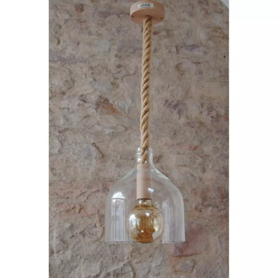 Suspension contemporaine type nautique globe en verre, corde en jute .