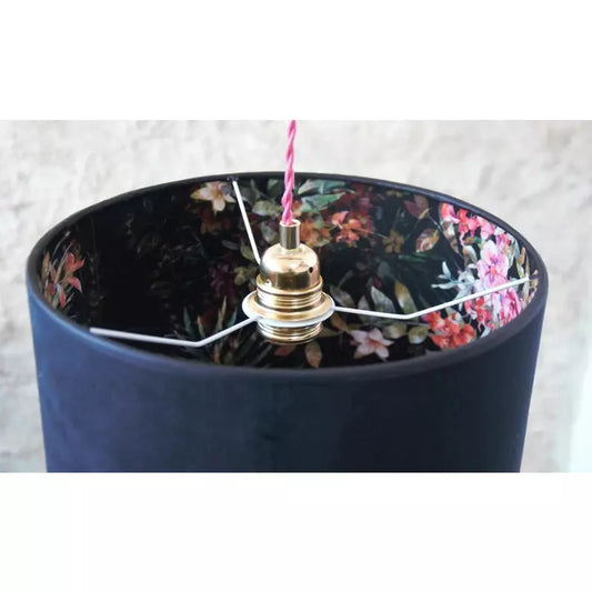 Suspension lumineuse abat-jour double face velours noir et velours fleuri.