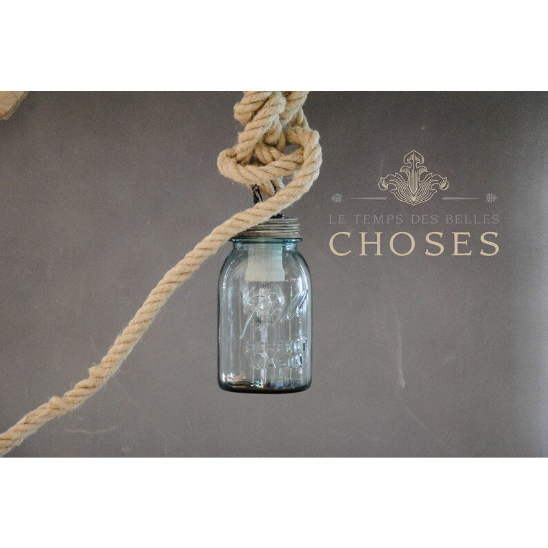 Suspension poulie et bocal Mason Jar vintage . Pièce unique.