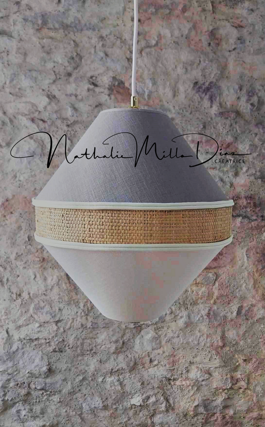 Suspension abat-jour  "Zazie" lin lavé blanc et beige ,raphia.