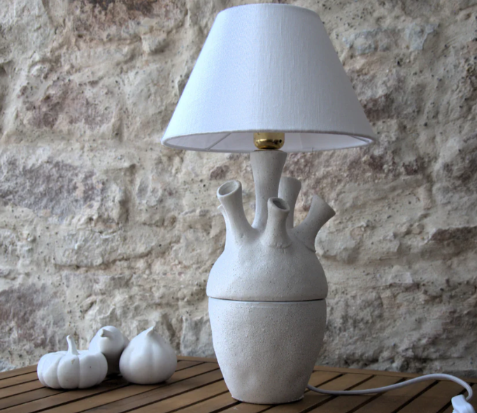 Lampe à poser sculpture coraux porcelaine et lin. Pièce unique.