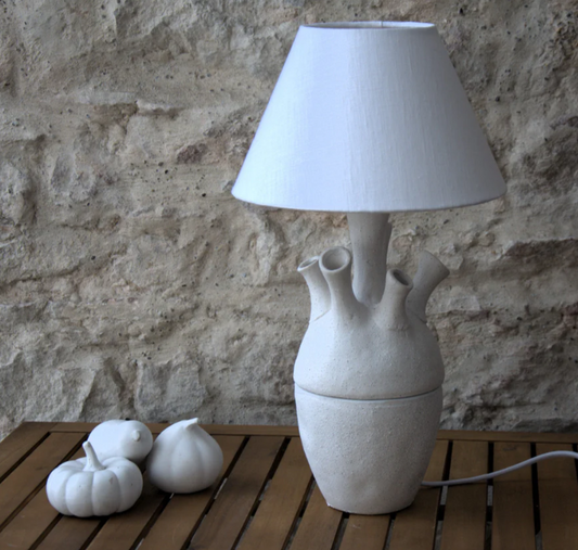 Lampe à poser sculpture coraux porcelaine et lin. Pièce unique.
