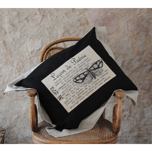 Grand Coussin Décoratif Lin Noir et Beige Vintage, Coussin Canapé Salon Chambre Rétro Farmhouse Design, Coussin Papillon Leçon de poésie