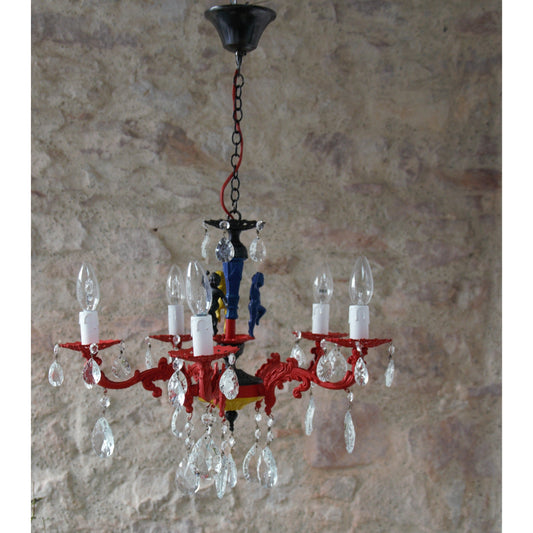 Suspension Mondrian et pampilles, Chandelier Antique Multicolore Bleu Rouge et Jaune, Vintage French Chandelier, Création luminaire Unique