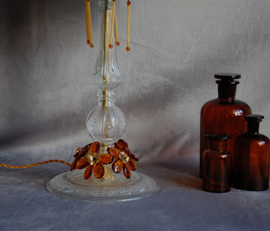 Lampe à poser Ambre, verrerie vintage et abat-jour lin. Pièce unique.