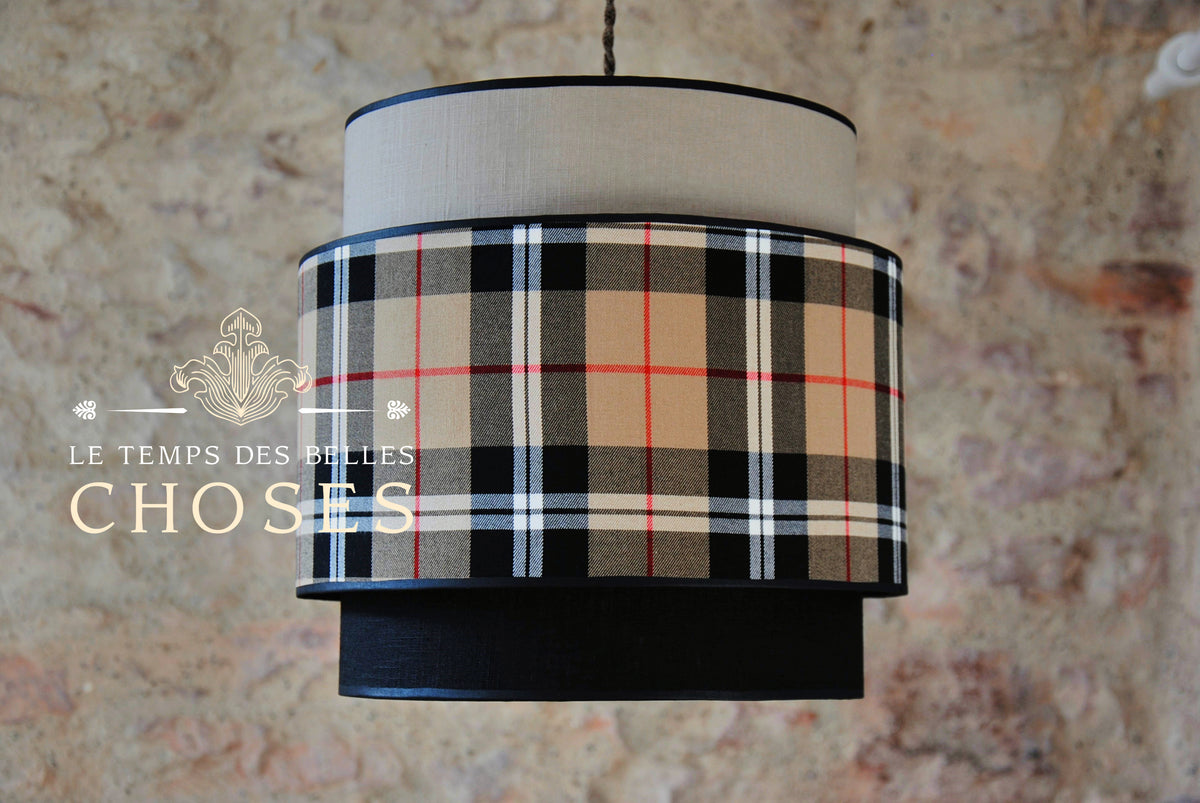 Abat- jour suspension triple "So british" , tartan et lin. Pièce unique.
