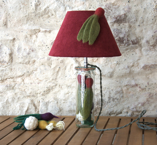 Lampe à poser  enfants "Les betteraves", bocal verre et abat-jour velours et lin lavé.