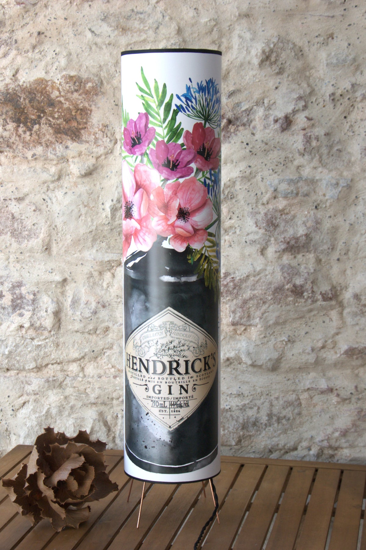 Lampe à poser cylindrique sur trépied cuivre , affiche d'art " HENDRICKS FLOWERS".