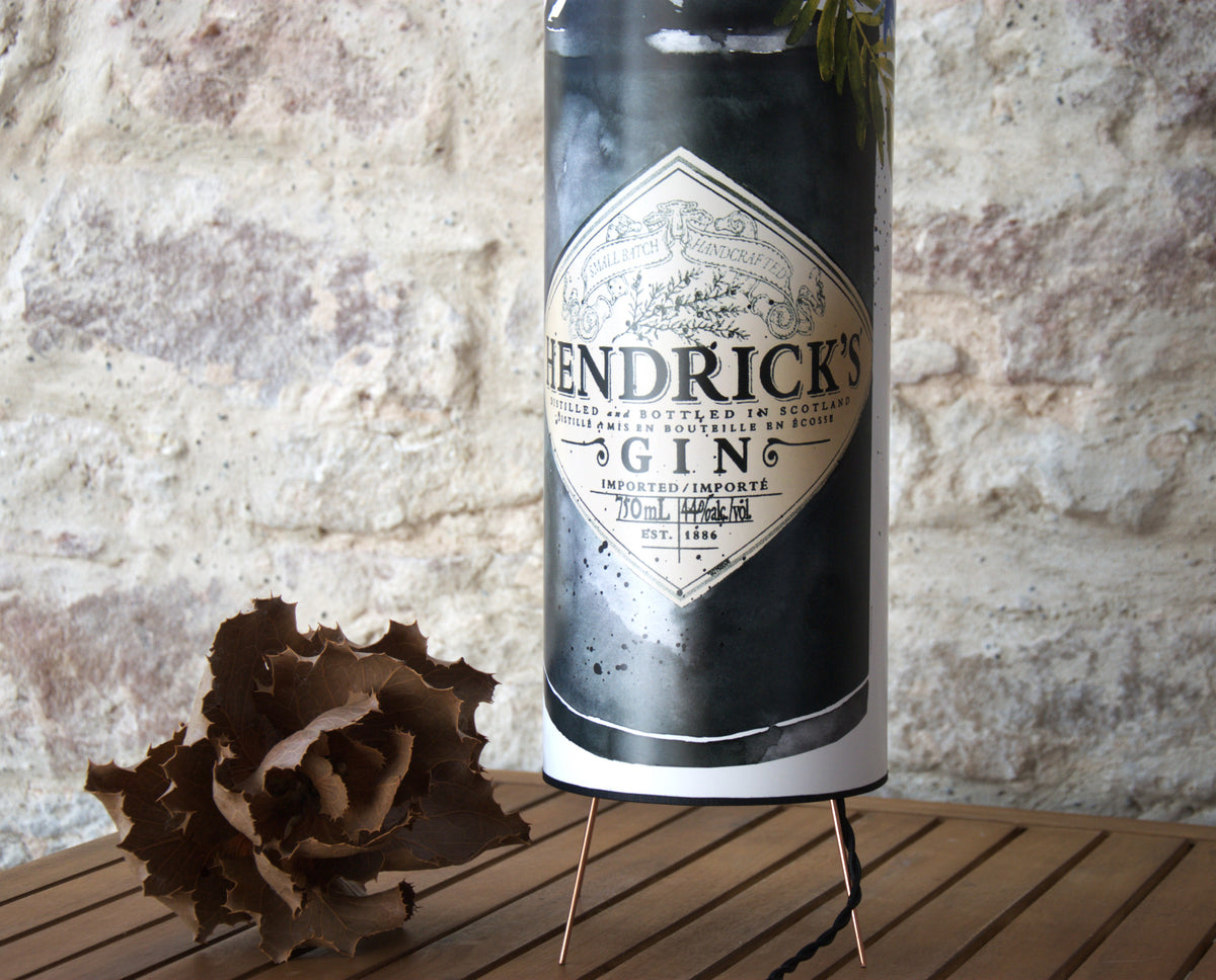 Lampe à poser cylindrique sur trépied cuivre , affiche d'art " HENDRICKS FLOWERS".