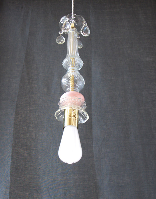 Lustre vintage "Colette" , verre, cristal , opaline. Série 3. Pièce unique.