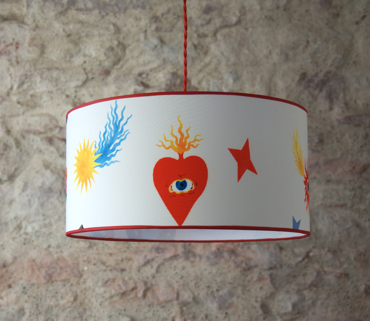 Suspension abat-jour cylindrique  "Love and Freedom", soie et coton.