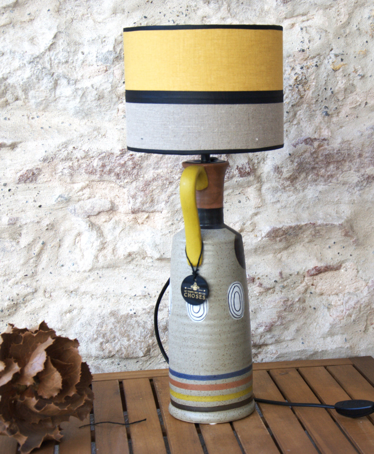 Lampe à poser Tijuana , vase grès et abat-jour lin. Pièce unique.
