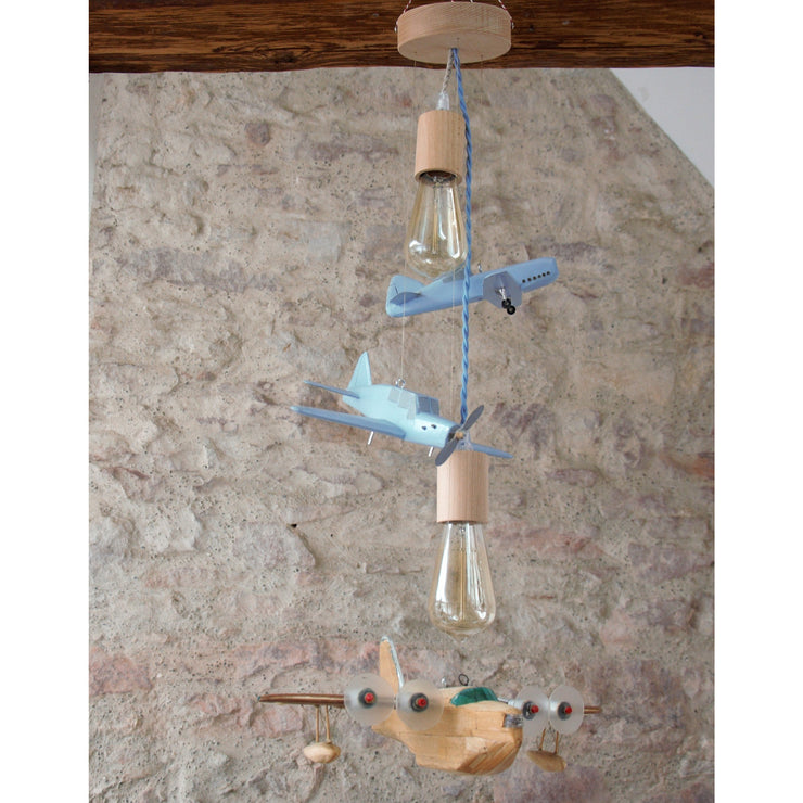 Airplane light suspension for baby room, Vintage suspension of old blue wooden airplane models, Children's room suspension.