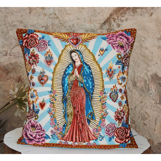 Coussin décoratif Jacquard français et lin lavé bleu ciel Santa Guadalupe.