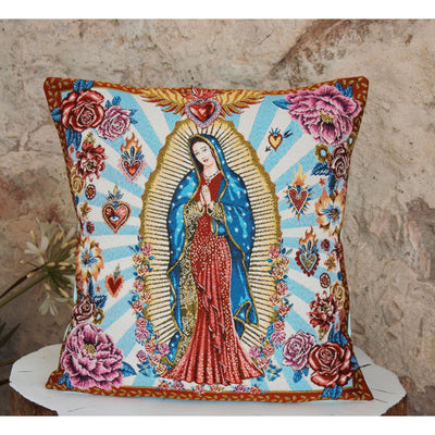 Santa Guadalupe sky blue washed linen and French jacquard decorative cushion.
