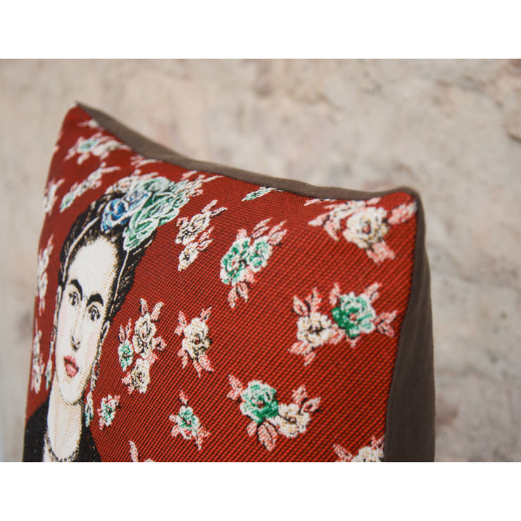 Decorative and stylish cushion in French jacquard and chocolate washed linen: Portrait of Frida Kalho, Handmade cushion