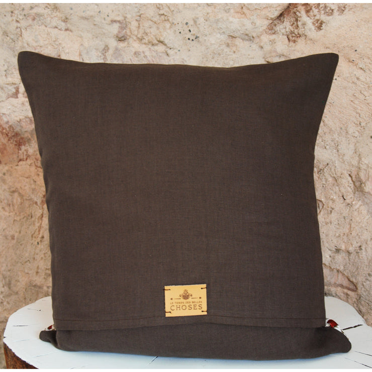 Decorative and stylish cushion in French jacquard and chocolate washed linen: Portrait of Frida Kalho, Handmade cushion