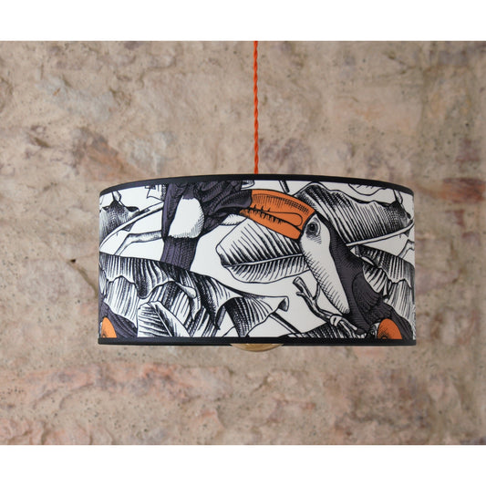Abat-jour tambour en velours pour enfant décoré de toucans sur polyphane blanc, abat-jour en velours fait main