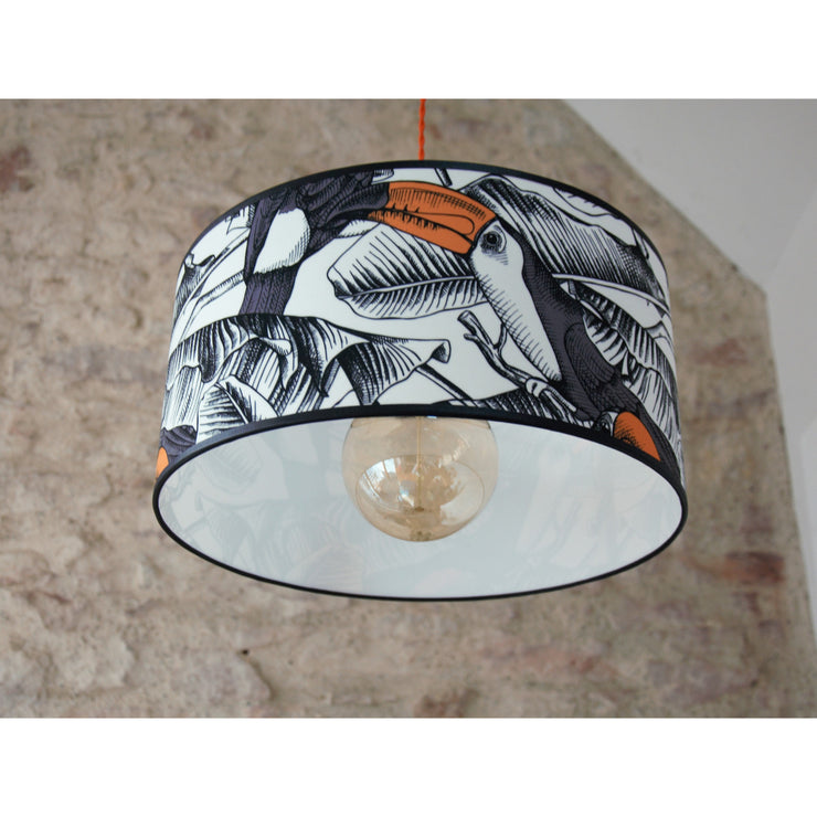 Children's velvet drum lampshade decorated with toucans on white polyphane, handmade velvet lampshade