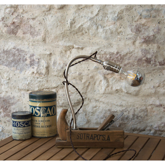 Lampe à poser rabot ébénisterie SOTRAPO SA vintage, flexible chromé ,ampoule calotte argent. Pièce unique