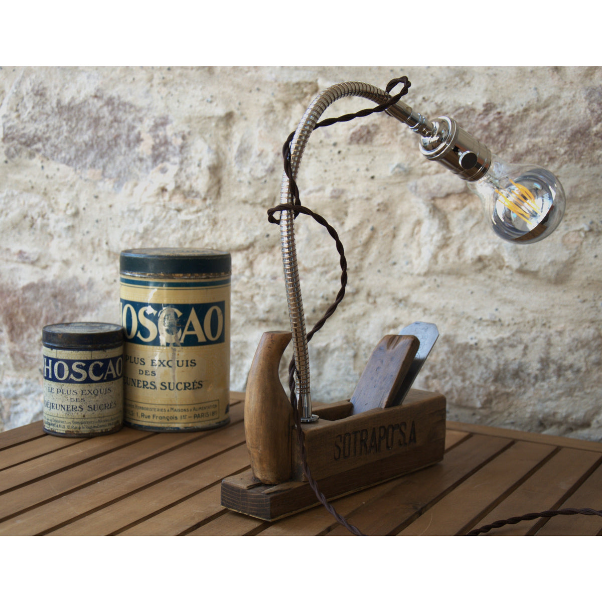 Lampe à poser rabot ébénisterie SOTRAPO SA vintage, flexible chromé ,ampoule calotte argent. Pièce unique