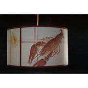 Suspension abat-jour tambour cuisine, habillage papier peint bord de mer.