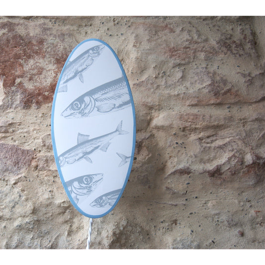 Applique ovale murale cuisine papier peint Blue Sardines de chez Livettes Wallpapers.