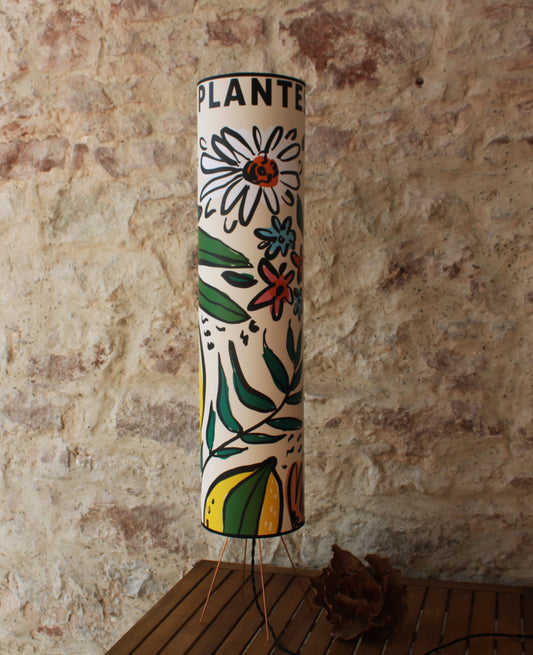 Lampe à poser "Zoe" abat-jour cylindrique sur trépied, affiche original fleurs et fruits.