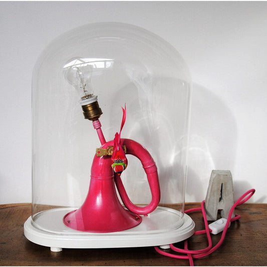Lampe Klaxon Poire Rétro Rose Fuchsia, Lampe de Chevet enfant ou Bureau Steampunk Industrielle, Lampe sous globe Napoléon oiseau rose clipsé - Letempsdesbelleschoses