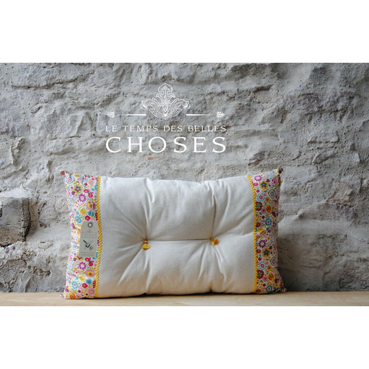 Coussin Décoratif en Lin avec Boutons, Housse de Coussin Pompons Style Bohème Motif Floral, Coussin enfant Blanc Shabby Chic Liberty