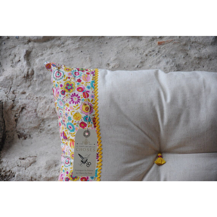 Linen Decorative Cushion with Buttons, Bohemian Style Floral Pattern Tassel Cushion Cover, White Shabby Chic Liberty Children's Cushion