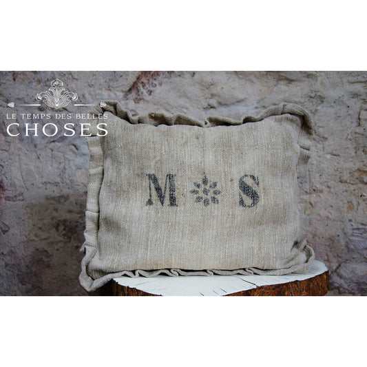 Coussin Décoratif Sac à Grain Allemand en chanvre, Housse de Coussin à volants Canapé Vintage Farmhouse, coussin estampillé chanvre