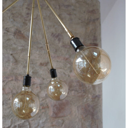 Suspension lumineuse, lustre ampoules, luminaire en laiton massif, lustre spoutnik, plafonnier, lampe verrerie, lustre fixation 4 branches.