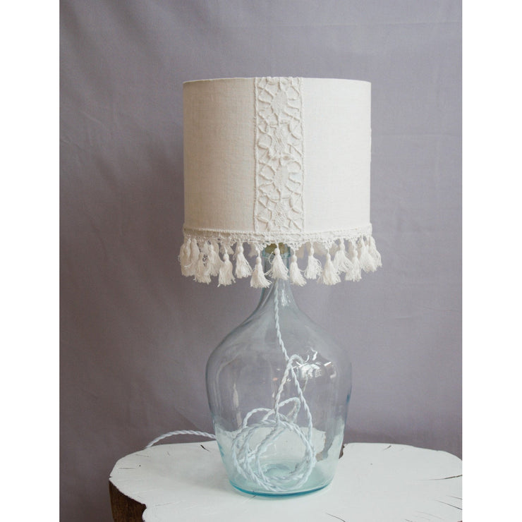 Dame Jeanne table lamp, old embroidered cotton lampshade, Victorian Embroidered Cotton Lampshade Room Decor, Recycled french Dame Jeanne
