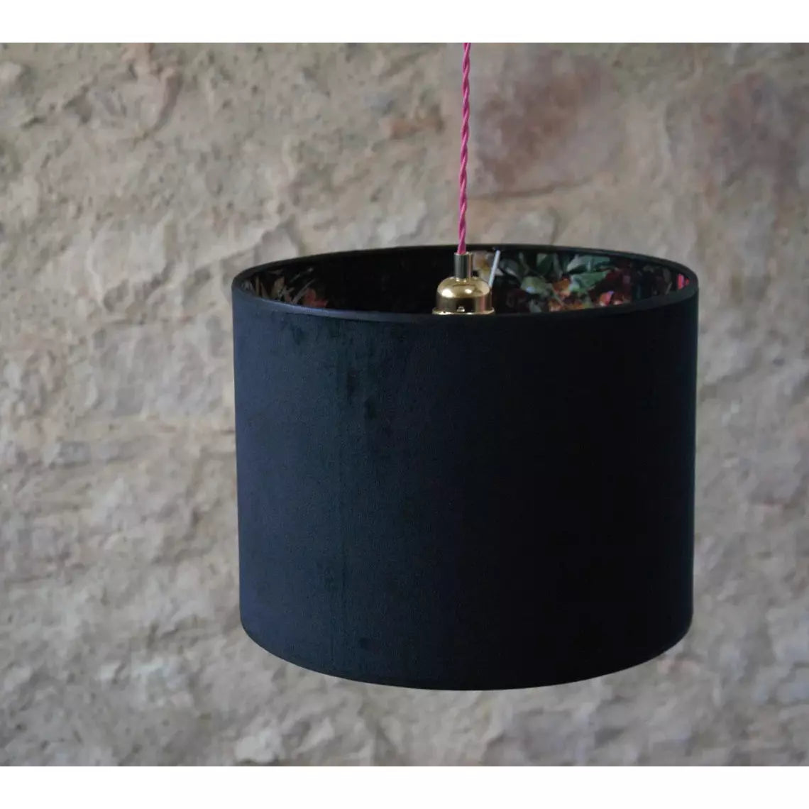 Suspension lumineuse abat-jour double face velours noir et velours fleuri.
