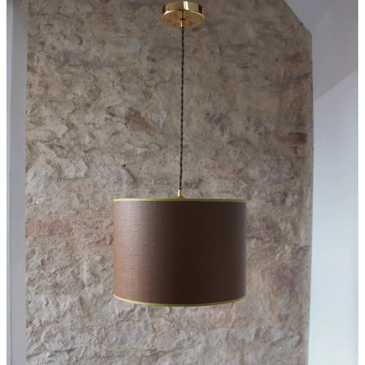 Suspension abat-jour cylindrique double face 100% raphia chocolat et vert olive. - Letempsdesbelleschoses