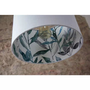 Modern double-sided lampshade suspension, elegant suspended lampshade: white linen and "watercolor leaves" polyester fabric.